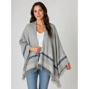 Noonday Collection Wrap Women OS Grey Wool Blend Fringe Geometric Poncho Ruana